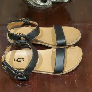 UGG Black and Tan Leather Sandals